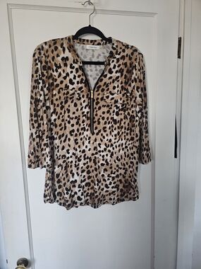 Calvin Klein Leopard-Print Zip Front Tunic in Tan and Black